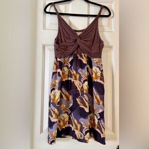 Anthropologie Plum Twist-Front Mini Dress with Multi Floral Skirt